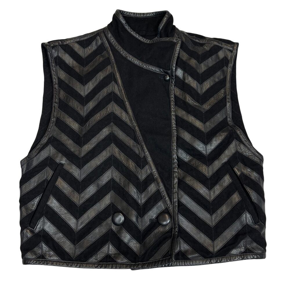 Vintage 90s Parienne Japan Chevron Leather Wool Cropped Vest Women's Small y2k